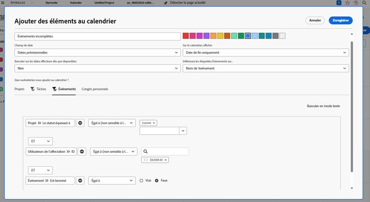 Image de l’écran d’ajout d’éléments à un calendrier