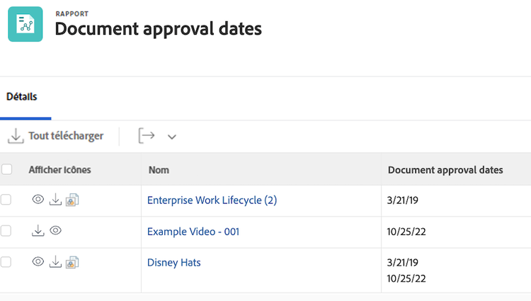 Capture d’écran affichant la vue des dates d’approbation du document