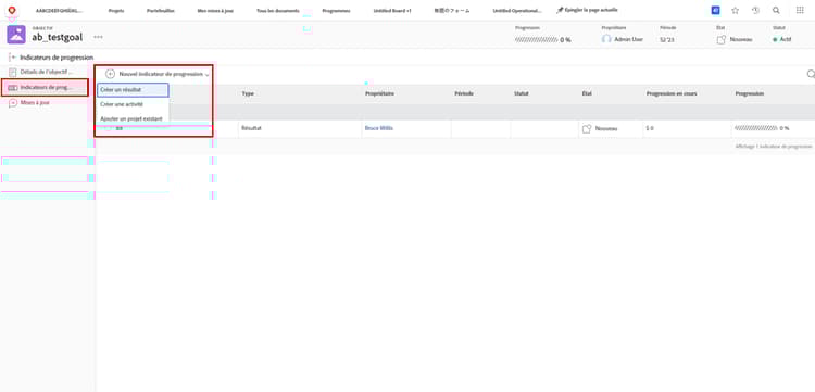 Capture d’écran montrant les résultats, les activités et les projets, ainsi que les indicateurs de progression des objectifs.