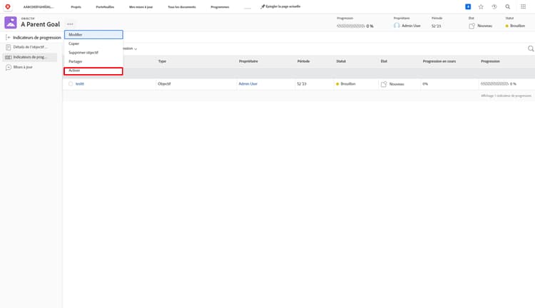Capture d’écran montrant comment activer l’objectif parent.