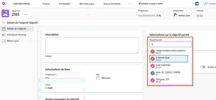 Capture d’écran du panneau Détails de l’objectif affichant le panneau Informations sur l’objectif parent