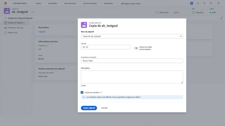 Une image du panneau Détails de l’objectif dans Workfront Goals avec l’option Copier