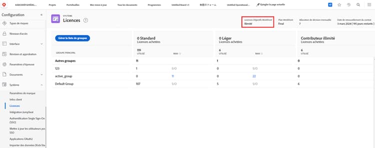 Une capture d’écran du nombre de licences Workfront Goals dans la zone Paramètres de Workfront