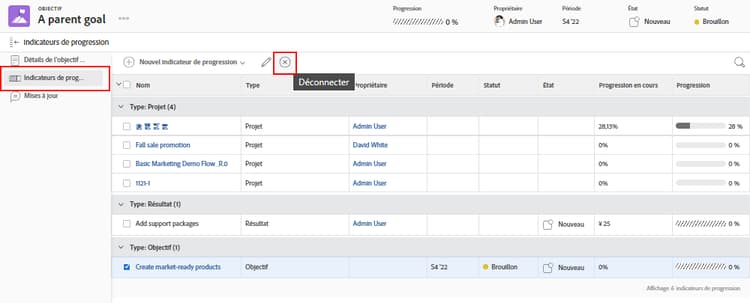 Une capture d’écran de l’option Supprimer l’alignement dans Workfront Goals