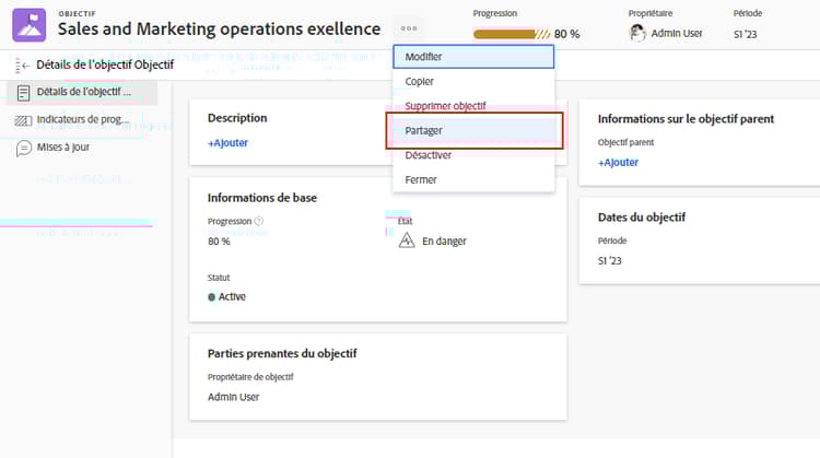 Capture d’écran du partage d’un objectif.