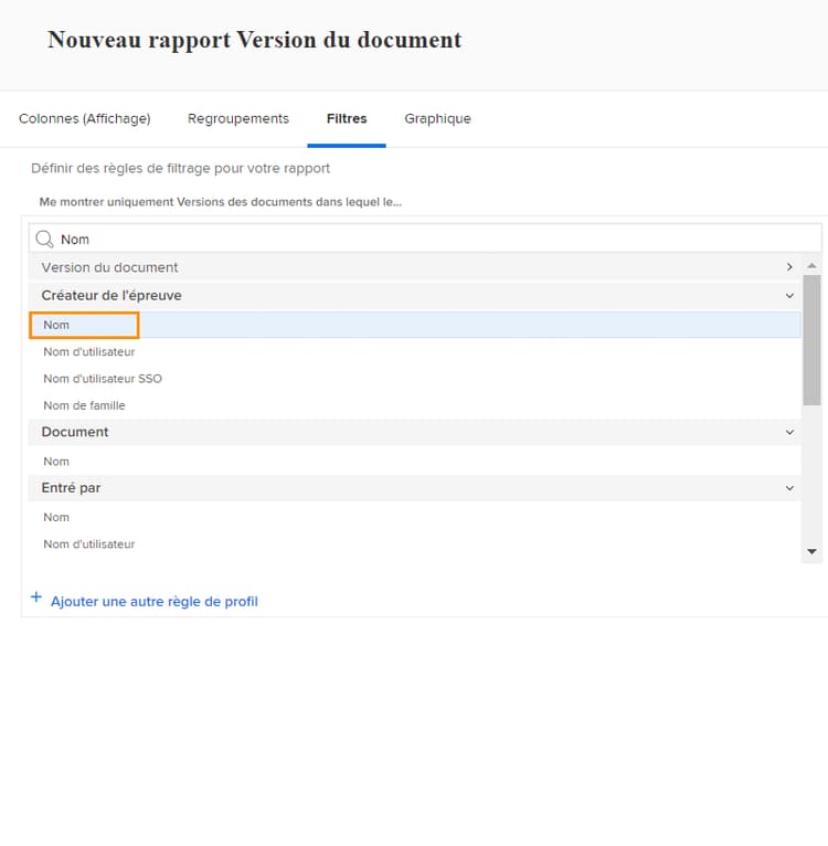 Onglet Filtres de Report Builder
