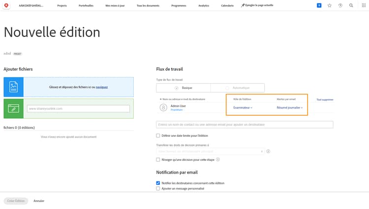 Image de la fenêtre Nouvelle épreuve avec les colonnes Rôle d’épreuve et Alertes par e-mail en surbrillance.