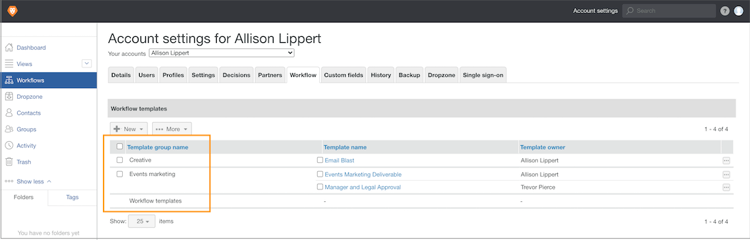 Liste des groupes de modèles dans les configurations de workflow de BAT