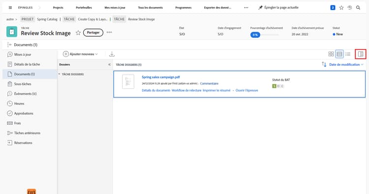Une image de la section Documents d’un projet avec une épreuve sélectionnée et le panneau de résumé développé.