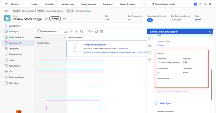 Une image de la section Documents d’un projet avec un BAT sélectionné et le panneau de résumé développé. L’icône du panneau de résumé et le panneau de résumé sont mis en surbrillance.