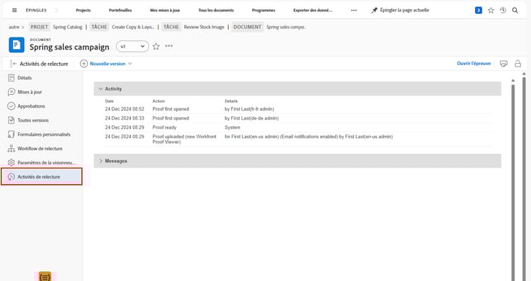 Image de la section Activité de relecture de la page du BAT avec l’option Activité de relecture en surbrillance dans le menu du panneau gauche.