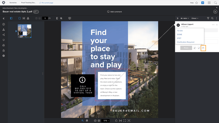 Une image d’une épreuve dans la visionneuse d’épreuvage avec l’icône de drapeau mise en surbrillance sur le commentaire et les actions d’épreuves disponibles qui sont visibles.