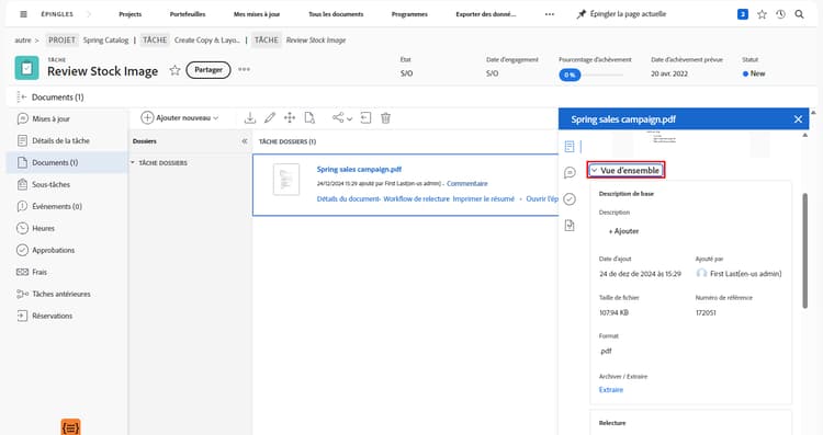 Une image de la section Documents d’un projet avec un BAT sélectionné et le panneau de résumé développé. L’icône du panneau de résumé et le panneau de résumé sont mis en surbrillance.