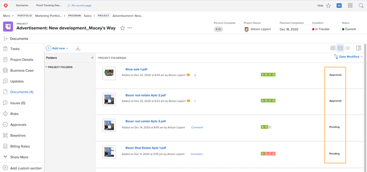 Une image de la liste Documents dans un projet Workfront avec le statut général du BAT en surbrillance.