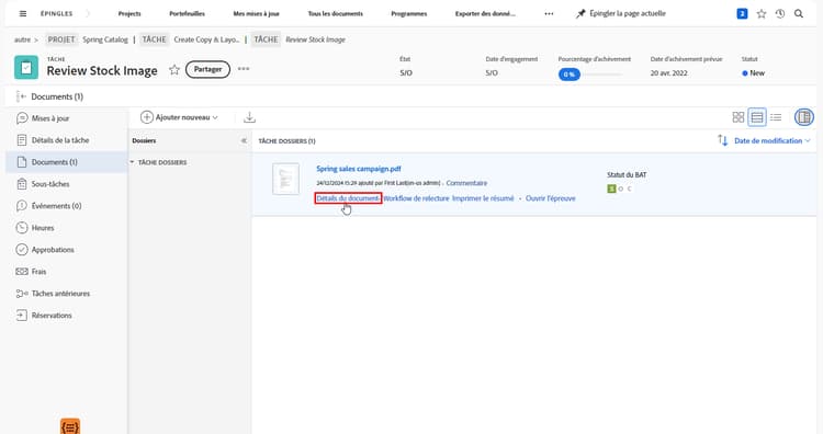 Une image de la section Documents d’un projet avec une épreuve sélectionnée et les détails du document mis en surbrillance.