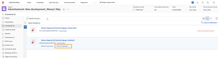Image de la zone Documents dans un projet Workfront avec l’option Générer une épreuve en surbrillance.