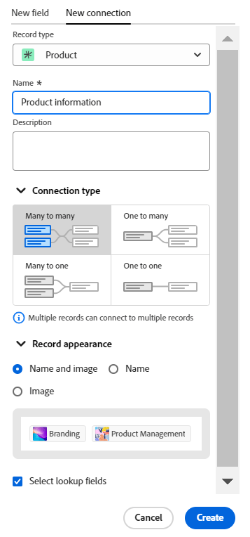 Nouvelle connexion avec le type d’enregistrement du produit