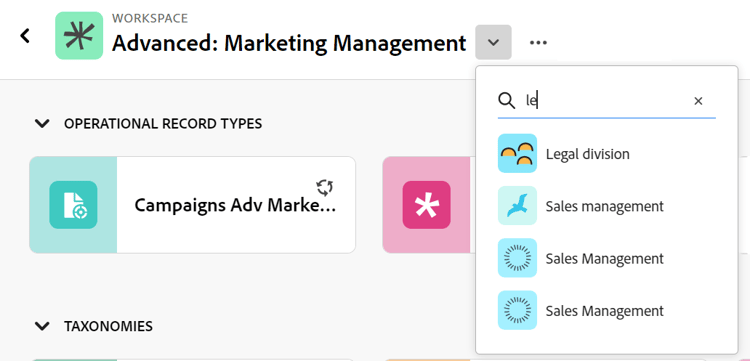 Liste déroulante Type d’enregistrement sur la page Type d’enregistrement avec la zone de recherche