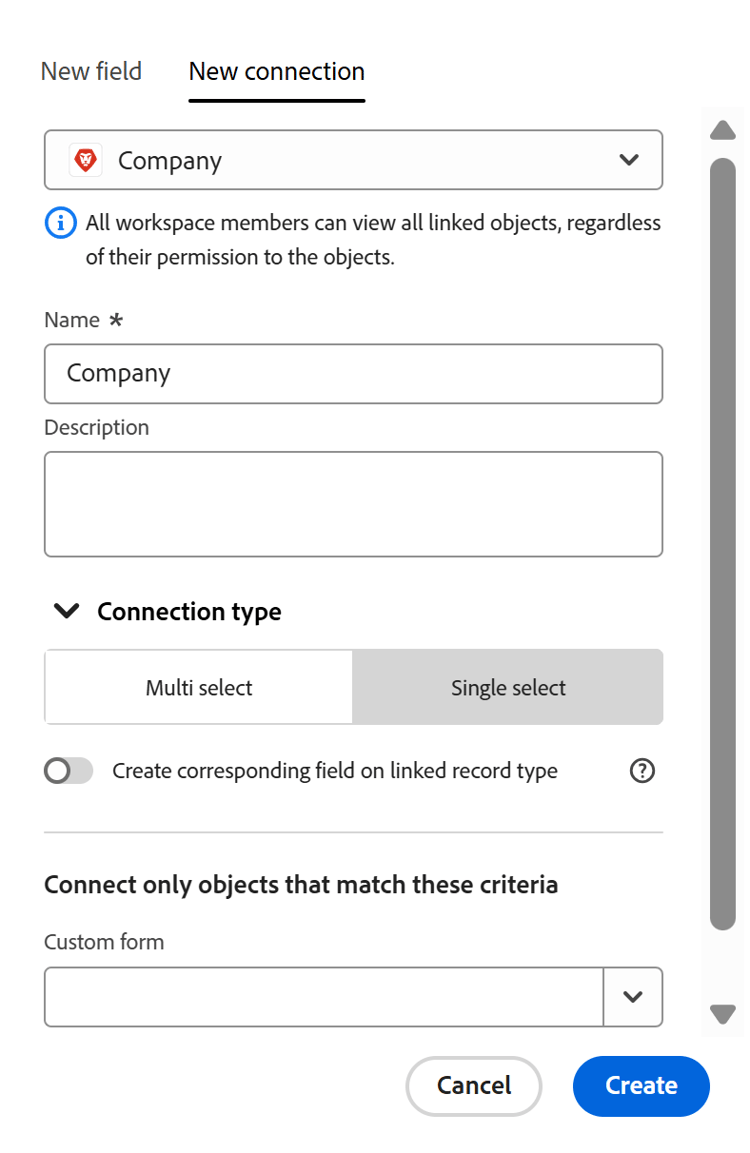 Type de connexion à sélection unique