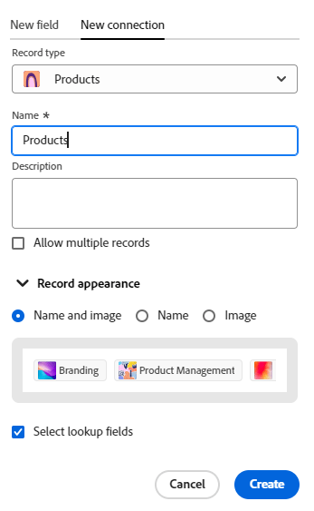 Nouvelle connexion au type d’enregistrement depuis un autre espace de travail