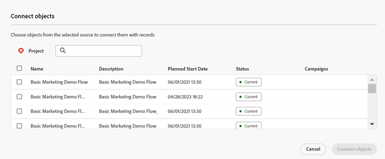 Zone Connecter des objets pour sélectionner des projets
