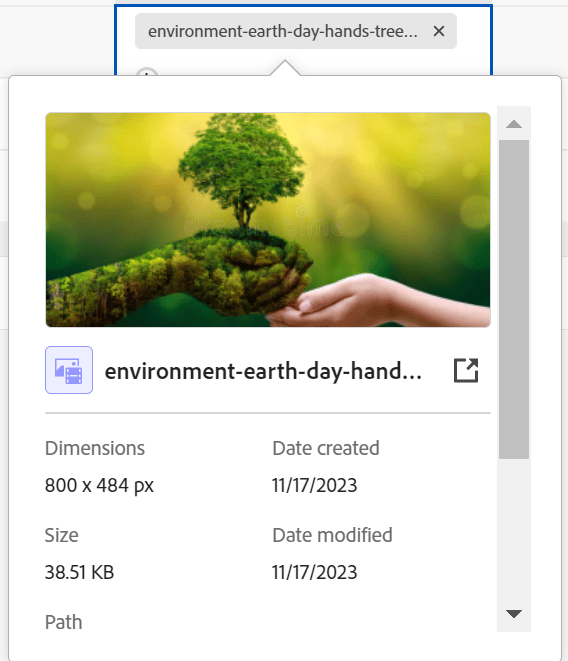 Fenêtre pop-up de ressource avec des détails et une miniature AEM