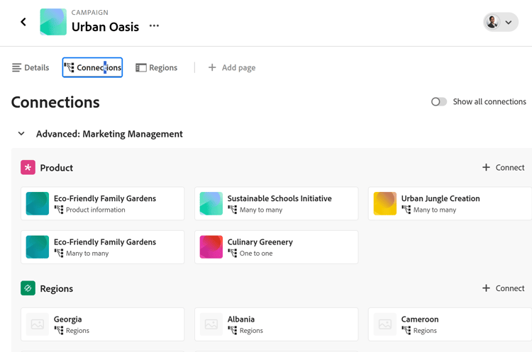 Onglet Connexions enregistré dans Workfront Planning
