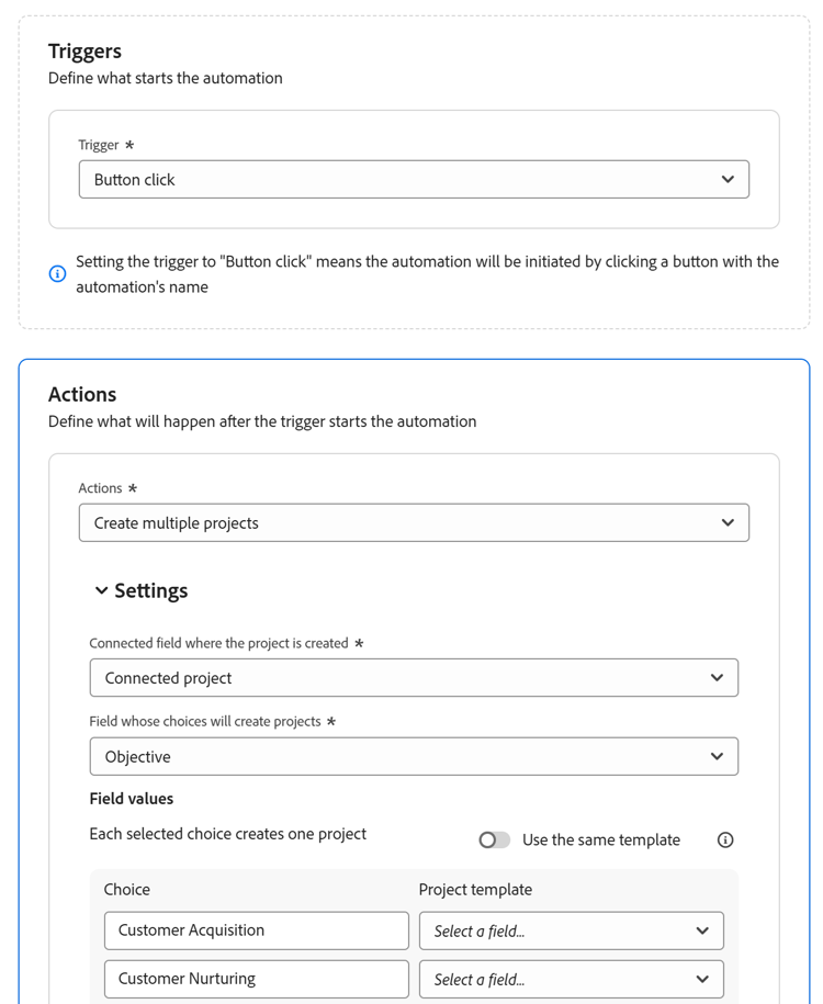 Configuration de l’automatisation pour créer plusieurs projets