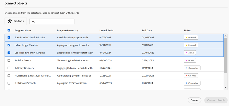 Table des objets connectés pour les enregistrements