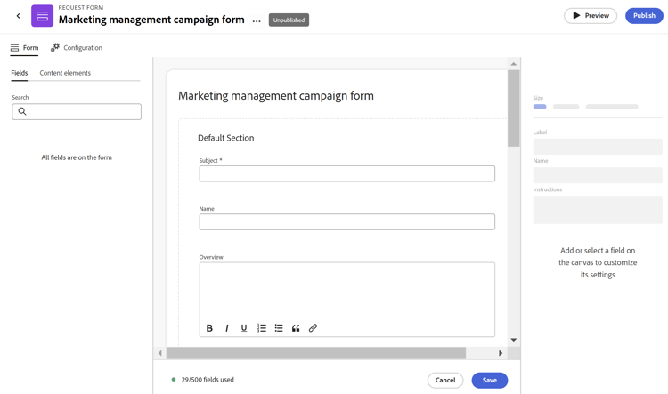 Mode de modification du formulaire de demande de campagne