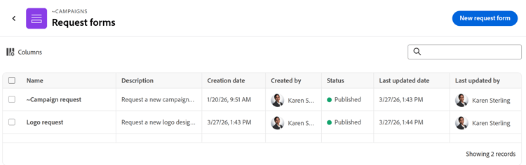 Formulaires de demande dans la vue Liste