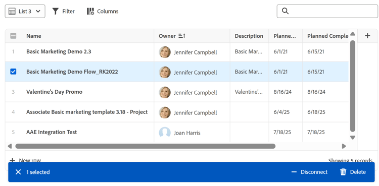 Barre d’actions dans la vue Liste des pages Enregistrements connectés