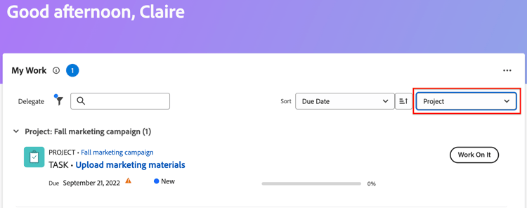 Regroupement dans le widget Mon travail