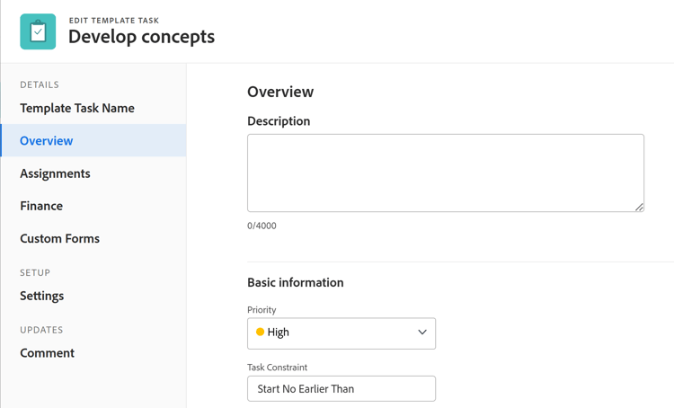 Section de présentation de la modification de la tâche de modèle