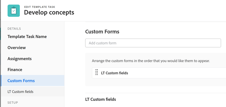 Section Modifier les formulaires personnalisés de la tâche de modèle