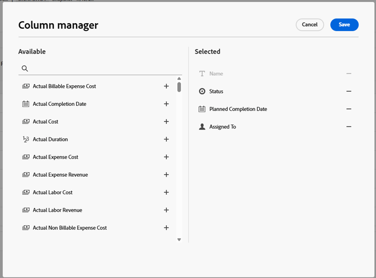 Gestionnaire de colonnes pour les instantanés