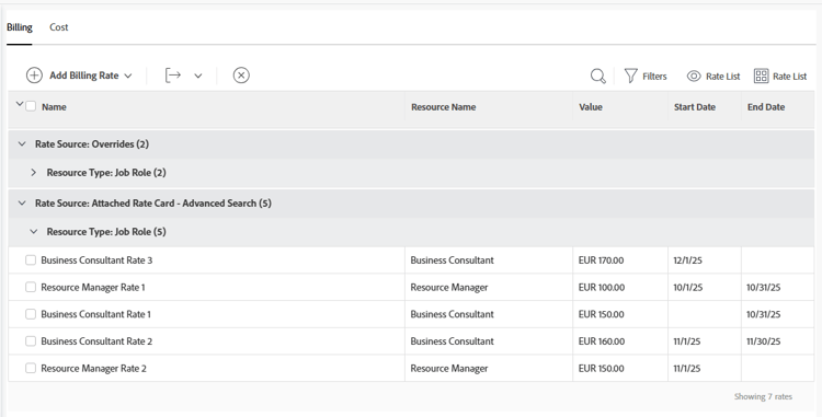 Carte tarifaire ajoutée au projet