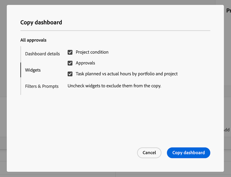 Copier le tableau de bord - Onglet Widgets