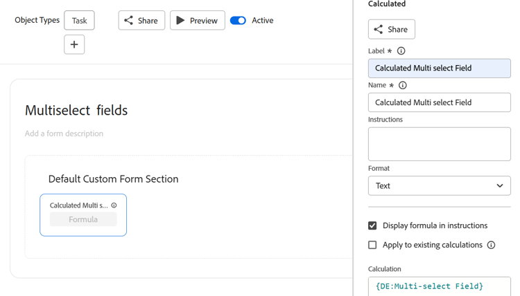 Champ personnalisé multi-sélection calculé