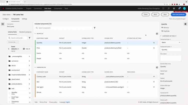 Configuration des paramètres de composant dans les vues de données