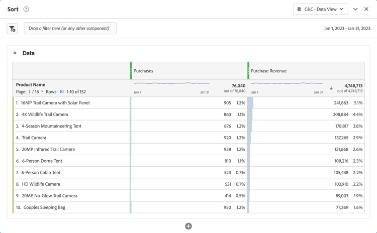 Customer Journey Analytics Sort panel