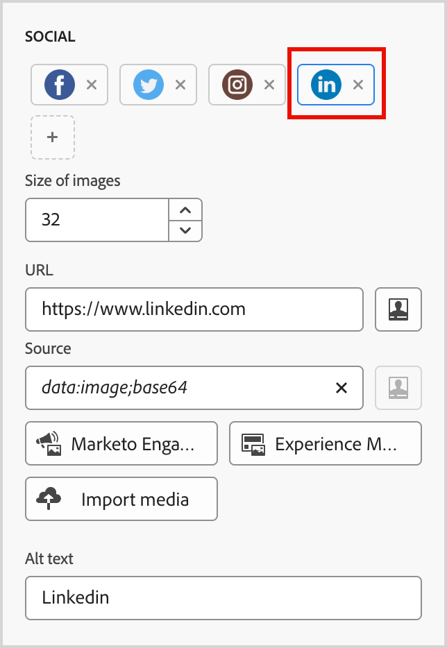 Settings for the selected social media type