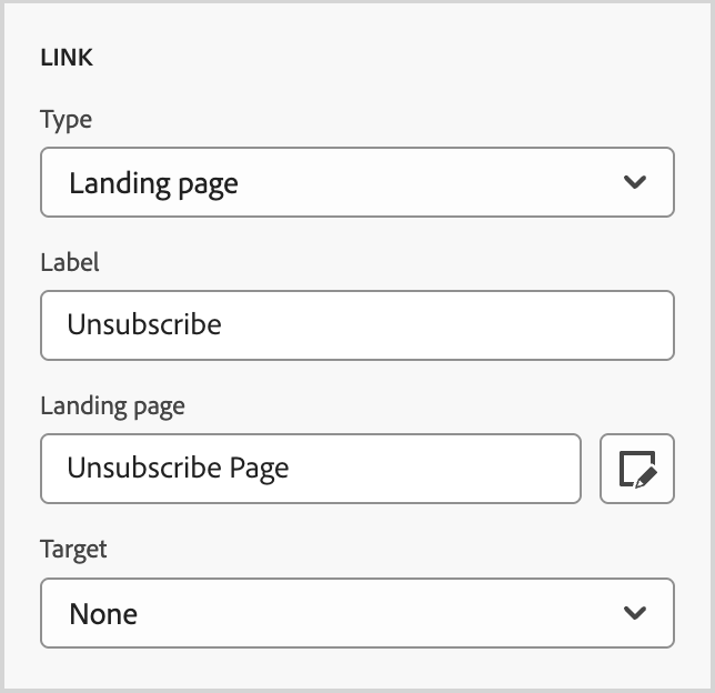 Define a link to a landing page for a button component