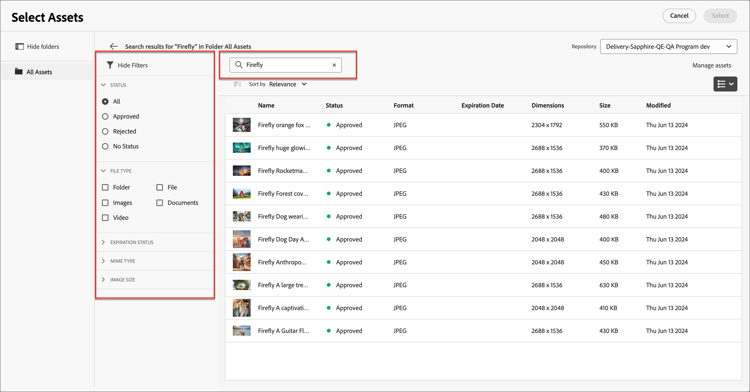 Utilisez les filtres et le champ de recherche pour localiser la ressource