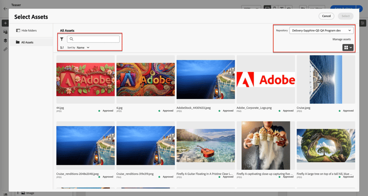Use as ferramentas na caixa de diálogo Selecionar Assets para localizar e selecionar um ativo de imagem
