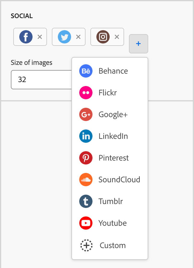 Clique em + para adicionar o tipo de rede social