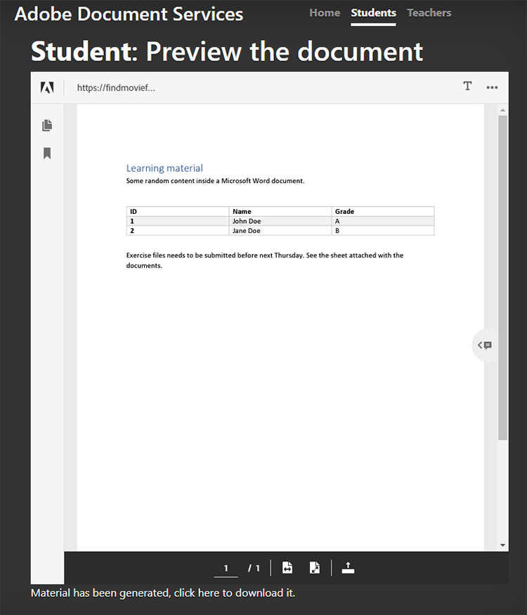 Schermata di anteprima di PDF per studenti