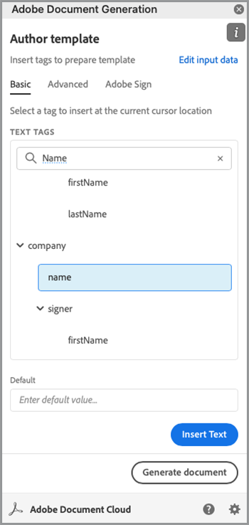 Schermata di ricerca del nome in Document Generation Tagger