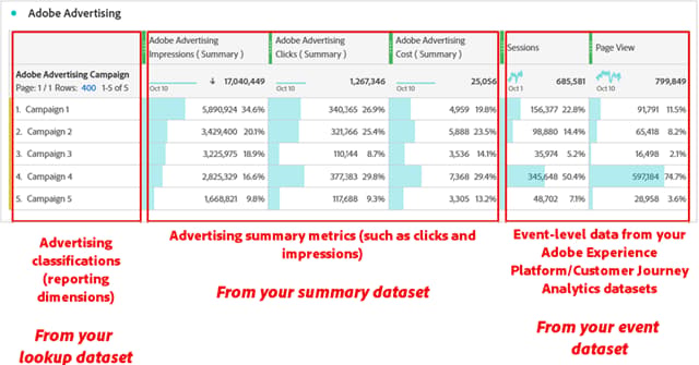 Visualizzazione dei set di dati in Customer Journey Analytics