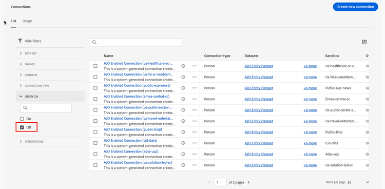 Filtro per mostrare le connessioni non abilitate per AJO